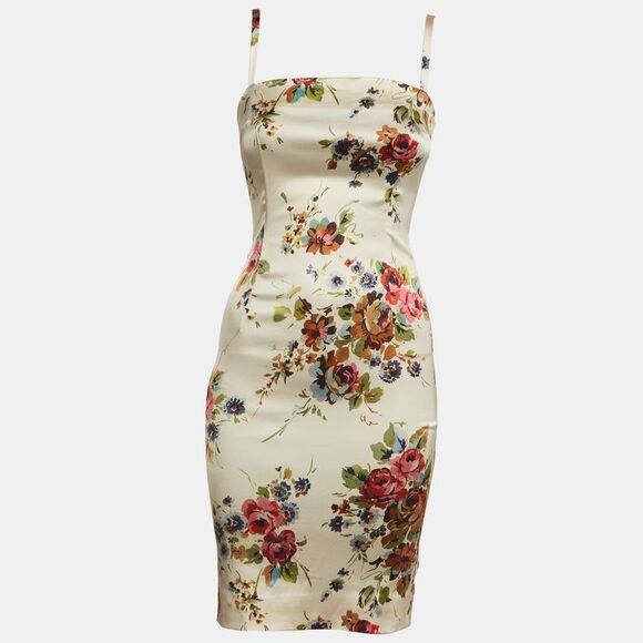 Dolce & Gabbana Dresses & Skirts - Dolce & Gabbana Beige Floral Print Satin Zip Up Mini Dress Xs